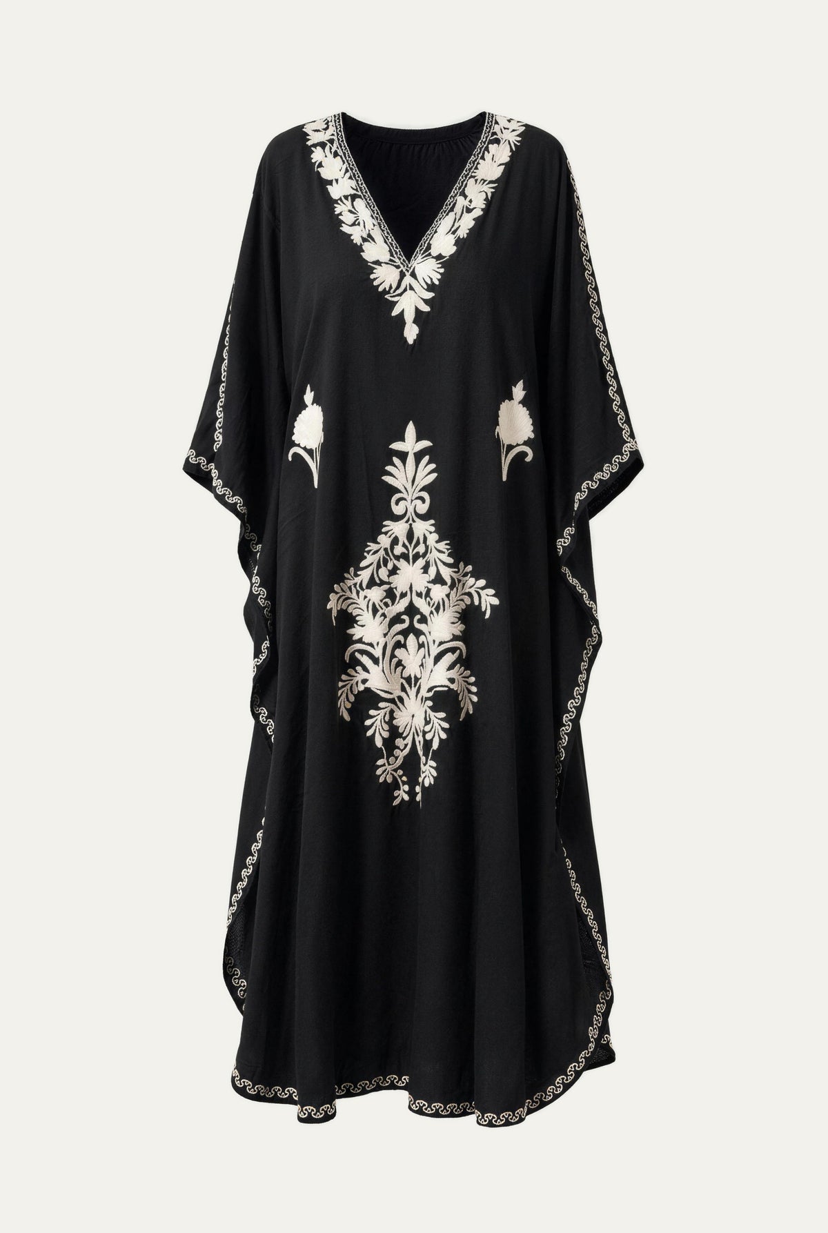 Kashmir cotton butterfly kaftan in black with white embroidery, front view