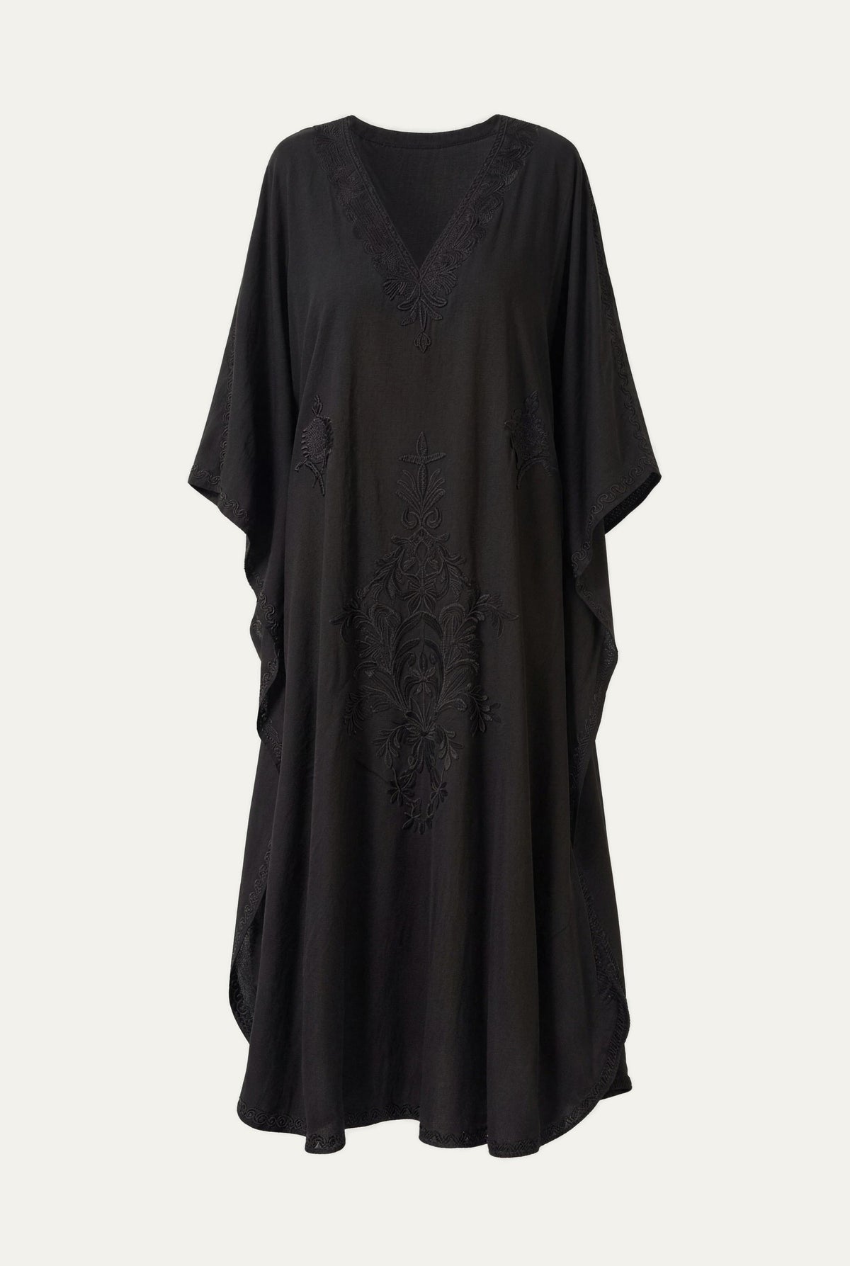 Kashmir cotton butterfly kaftan in black with tonal black embroidery, front view