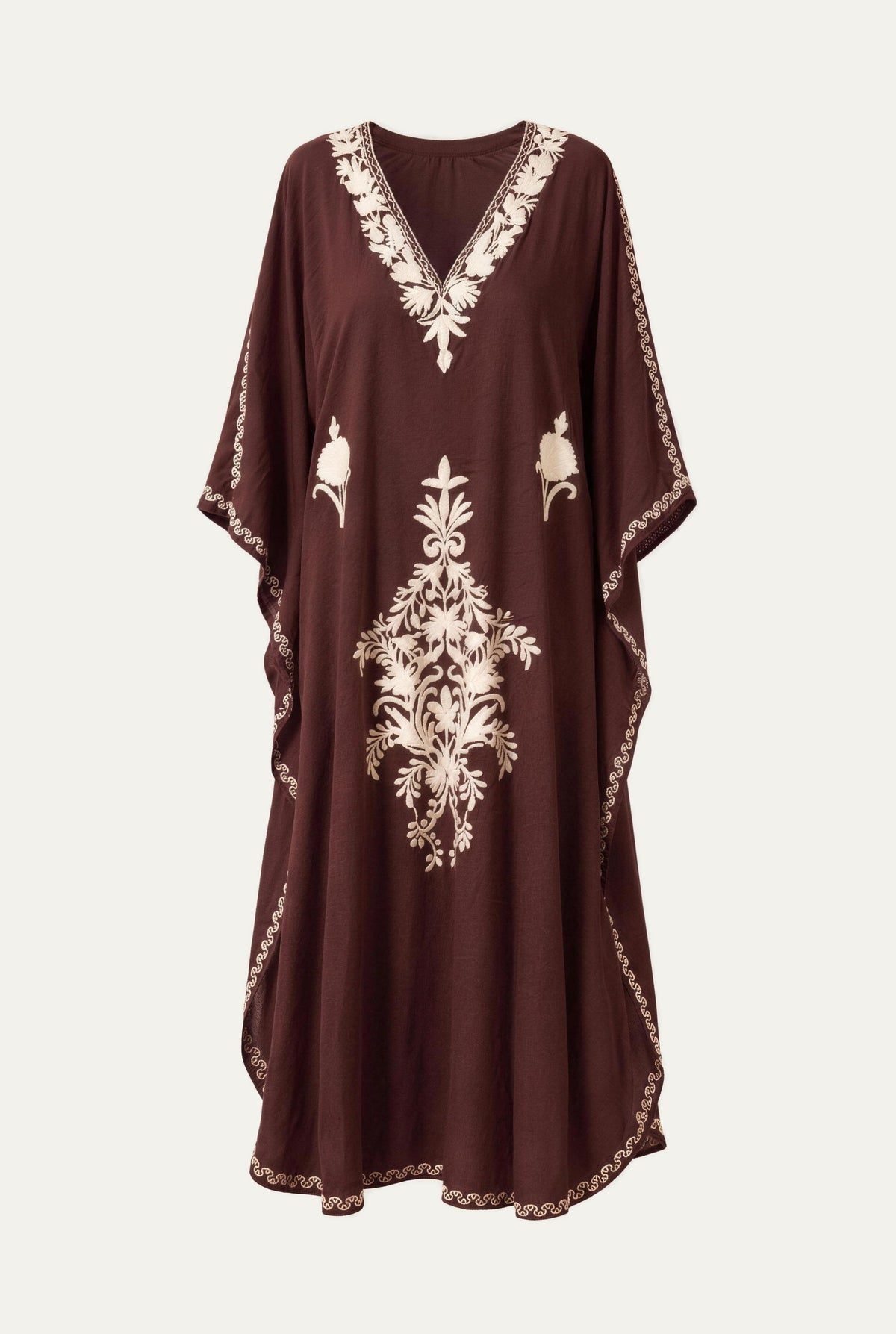 Kashmir cotton butterfly kaftan in dark brown with white embroidery, front view