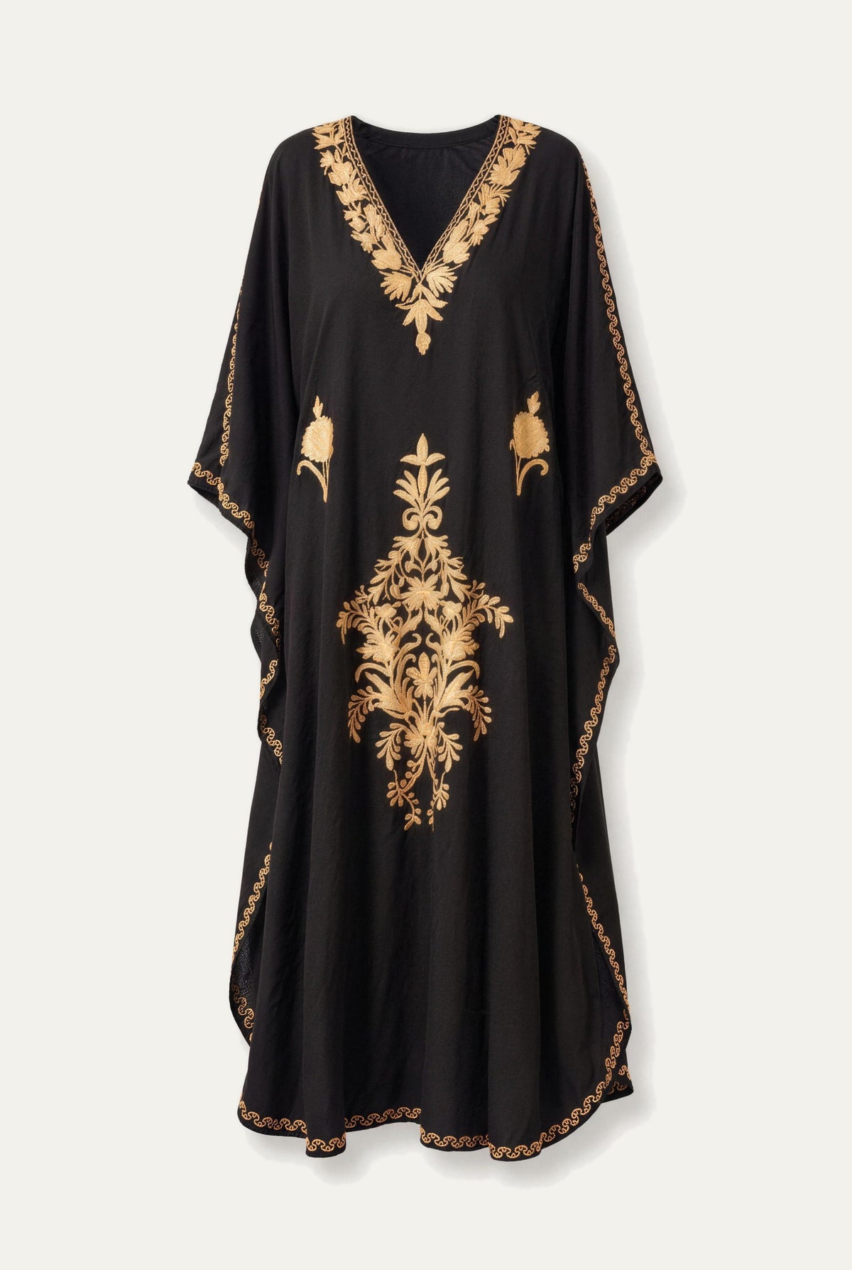 Kashmir cotton butterfly kaftan in black with gold embroidery, front view
