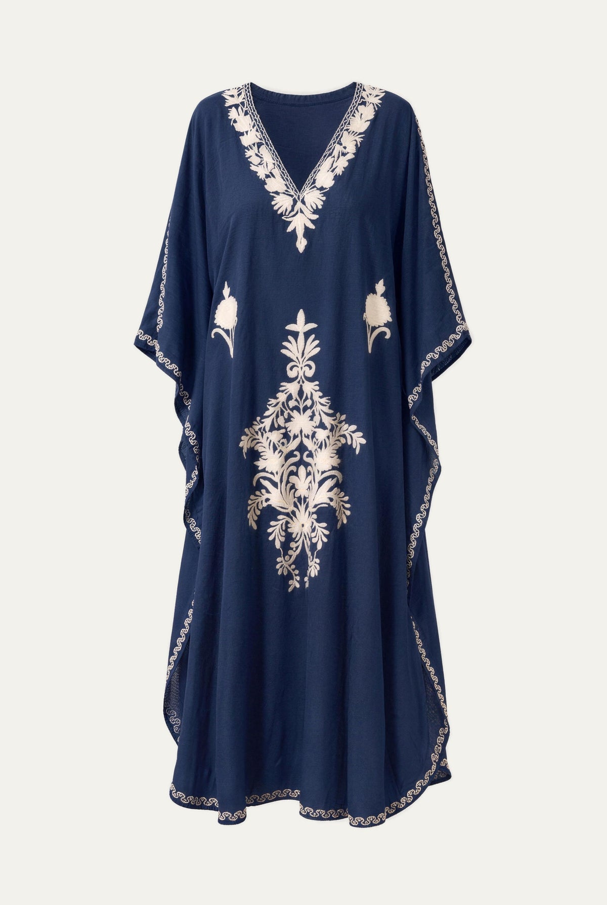 Kashmir cotton butterfly kaftan in dark blue with white embroidery, front view