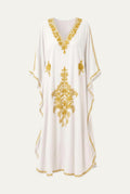 Kashmir cotton butterfly kaftan in white with mustard gold embroidery, front view