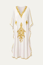 Kashmir cotton butterfly kaftan in white with mustard gold embroidery, front view