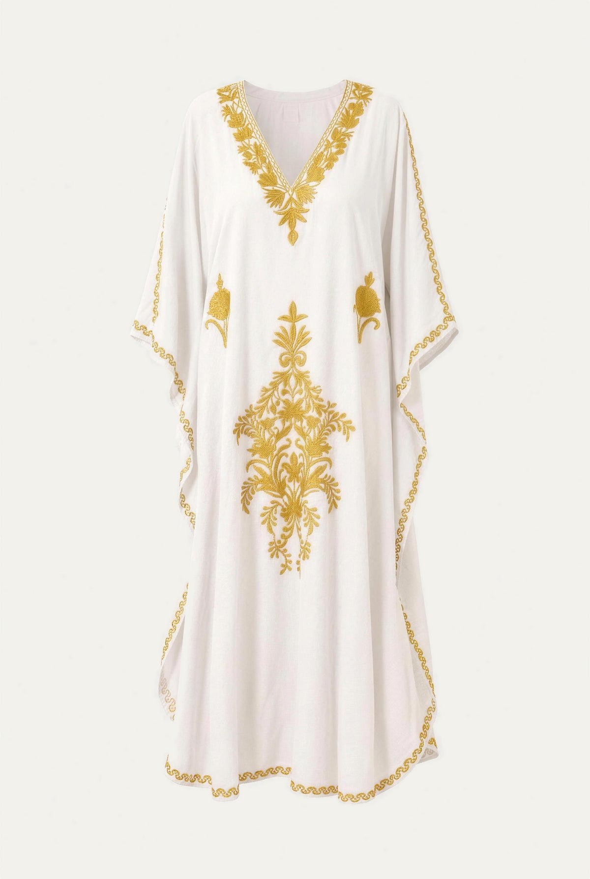 Kashmir cotton butterfly kaftan in white with mustard gold embroidery, front view
