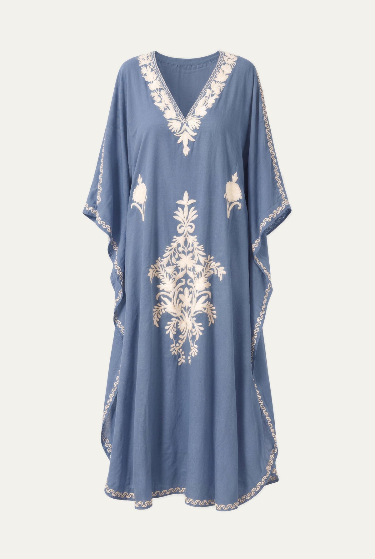 Kashmir cotton butterfly kaftan in light blue with white embroidery, front view