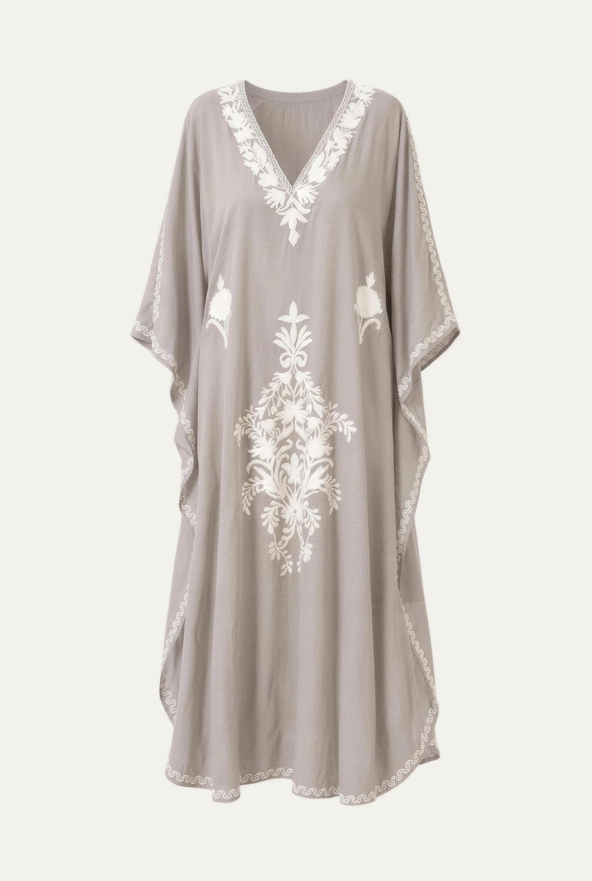 Kashmir cotton butterfly kaftan in light gray with white embroidery, front view