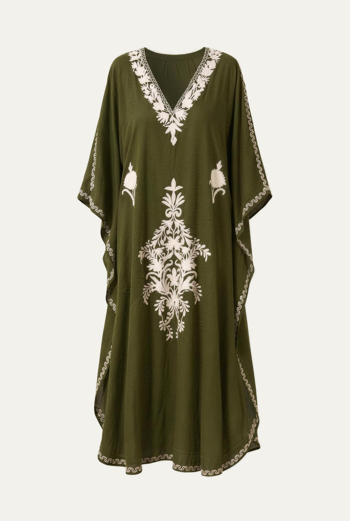 Kashmir cotton butterfly kaftan in olive with white embroidery, front view