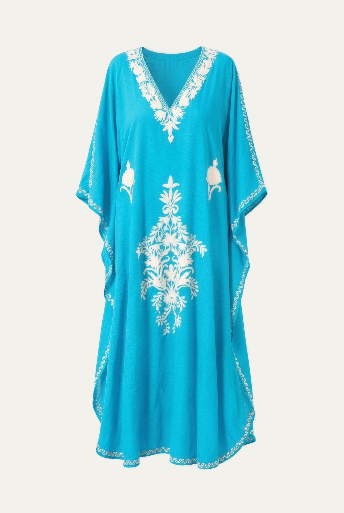 Kashmir cotton butterfly kaftan in turquoise with white embroidery, front view