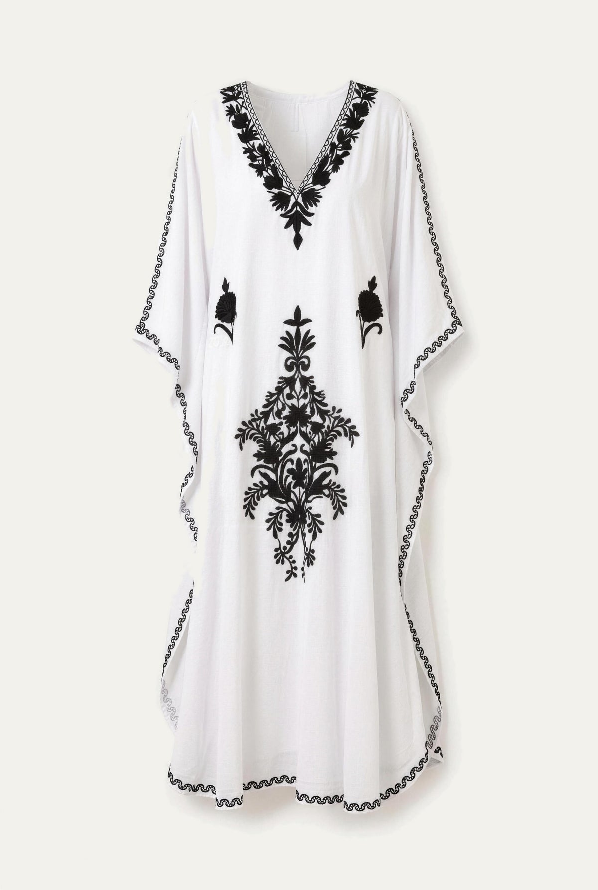 Kashmir cotton butterfly kaftan in white with black embroidery, front view