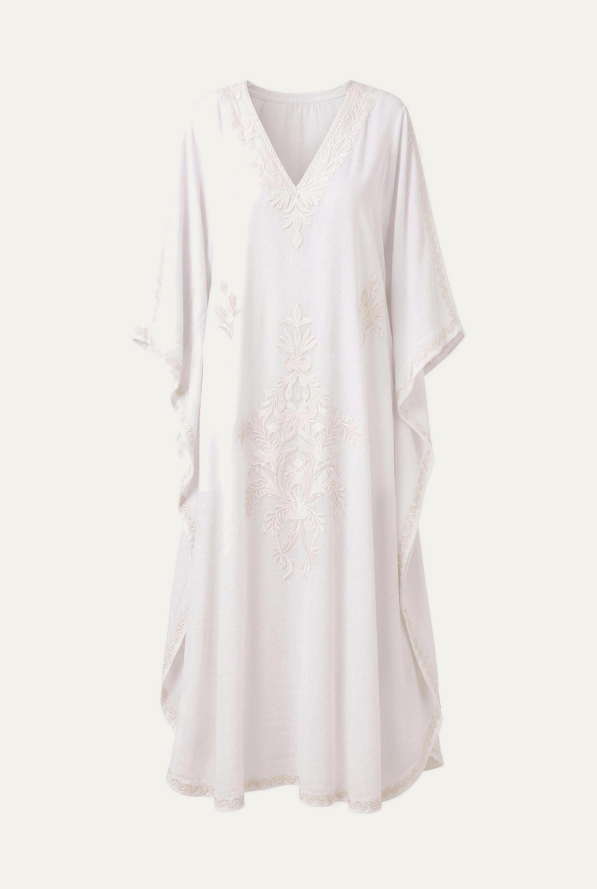 Kashmir cotton butterfly kaftan in white with tonal white embroidery, front view