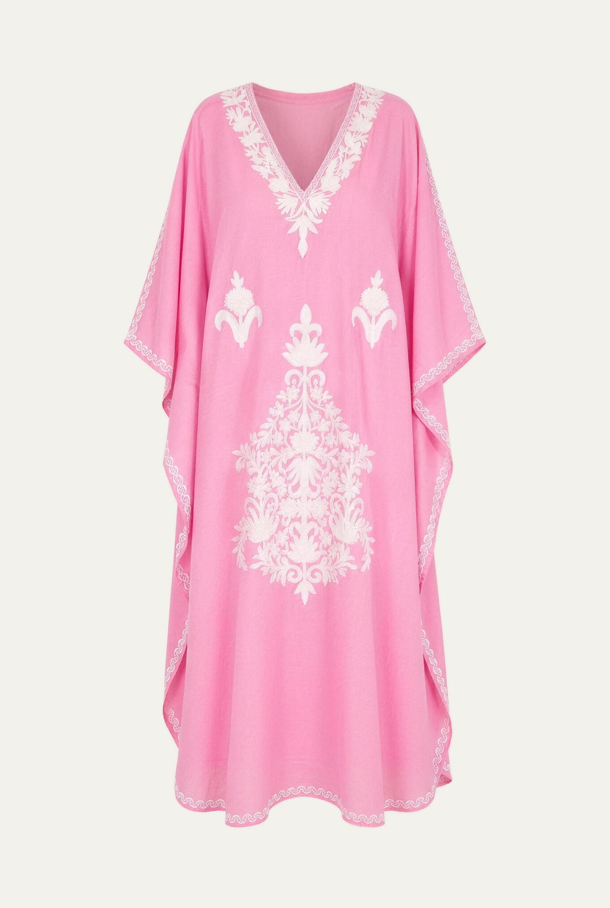 Kashmir cotton butterfly kaftan in pink with white embroidery, front view