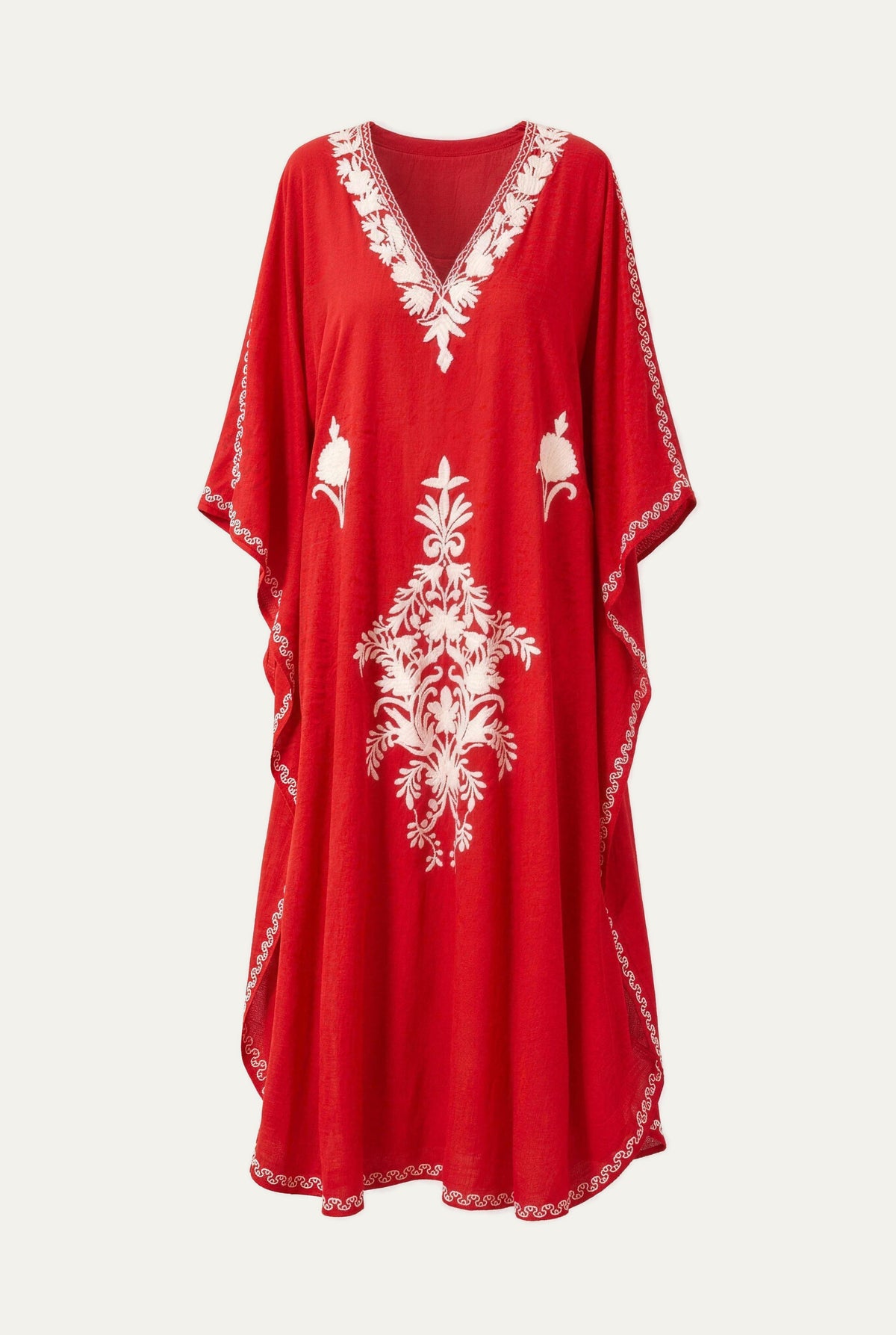 Kashmir cotton butterfly kaftan in red with white embroidery, front view