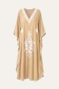 Sand Kashmir cotton butterfly kaftan with white embroidery, front view