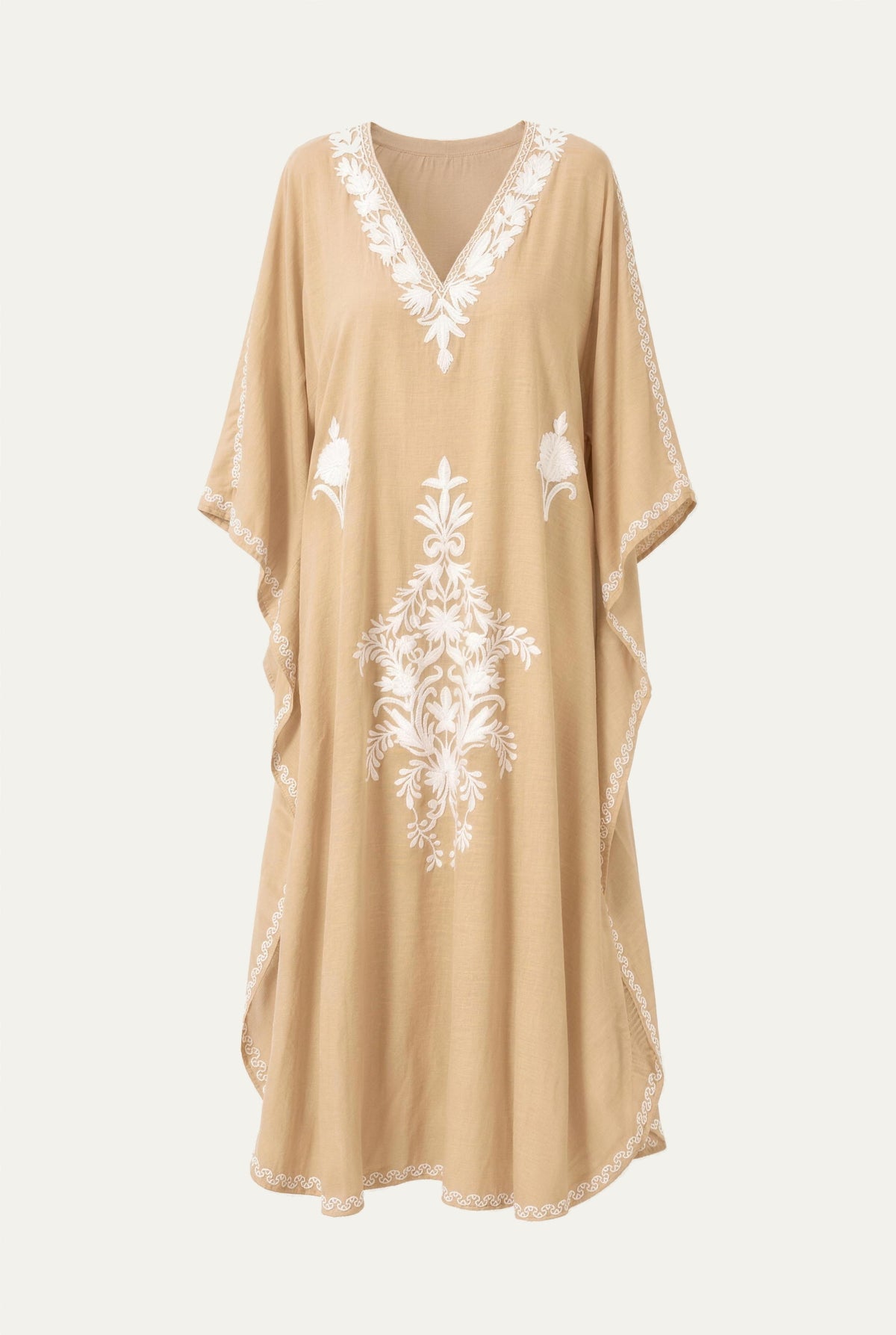 Sand Kashmir cotton butterfly kaftan with white embroidery, front view