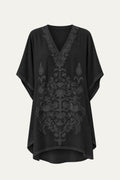 Kashmir cotton tunic in black with tonal black embroidery, front view