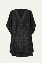 Kashmir cotton tunic in black with tonal black embroidery, front view