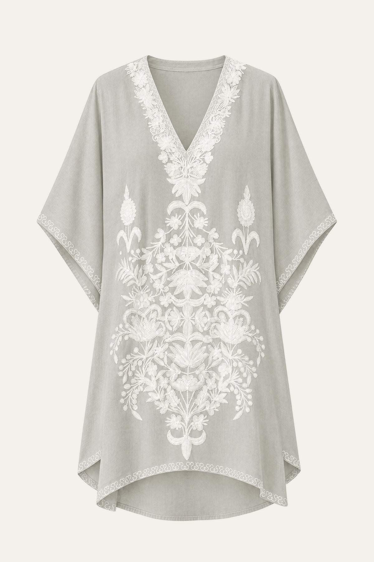 Kashmir cotton tunic in grey with ivory embroidery, front view