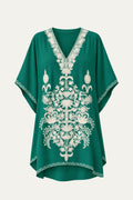 Kashmir cotton tunic in teal green with ivory embroidery, front view