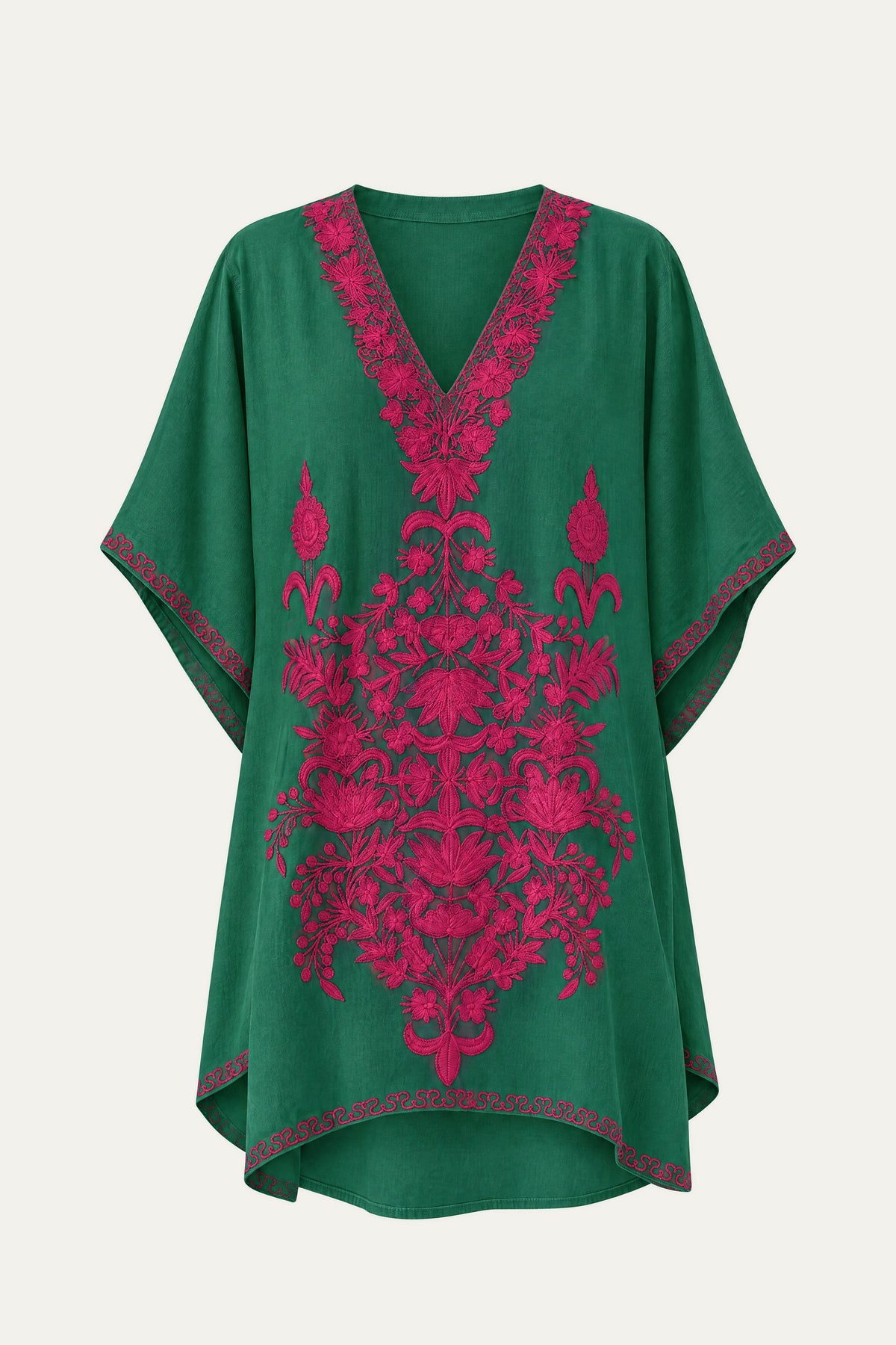 Kashmir cotton tunic in emerald green with magenta embroidery, front view