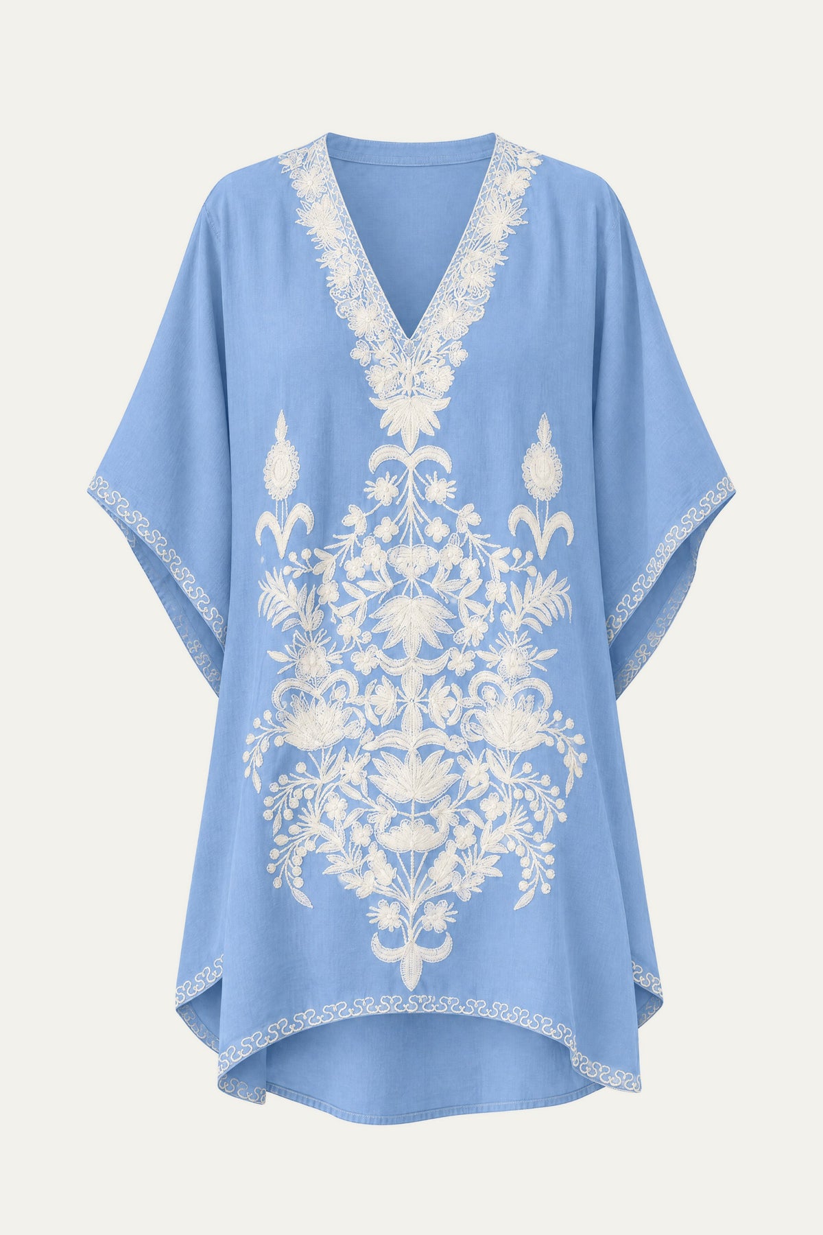 Kashmir cotton tunic in light blue with ivory embroidery, front view
