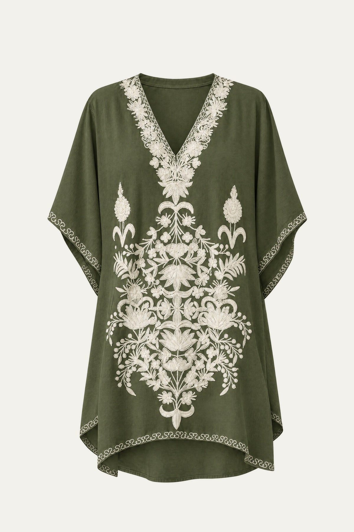 Kashmir cotton tunic in olive green with ivory embroidery, front view