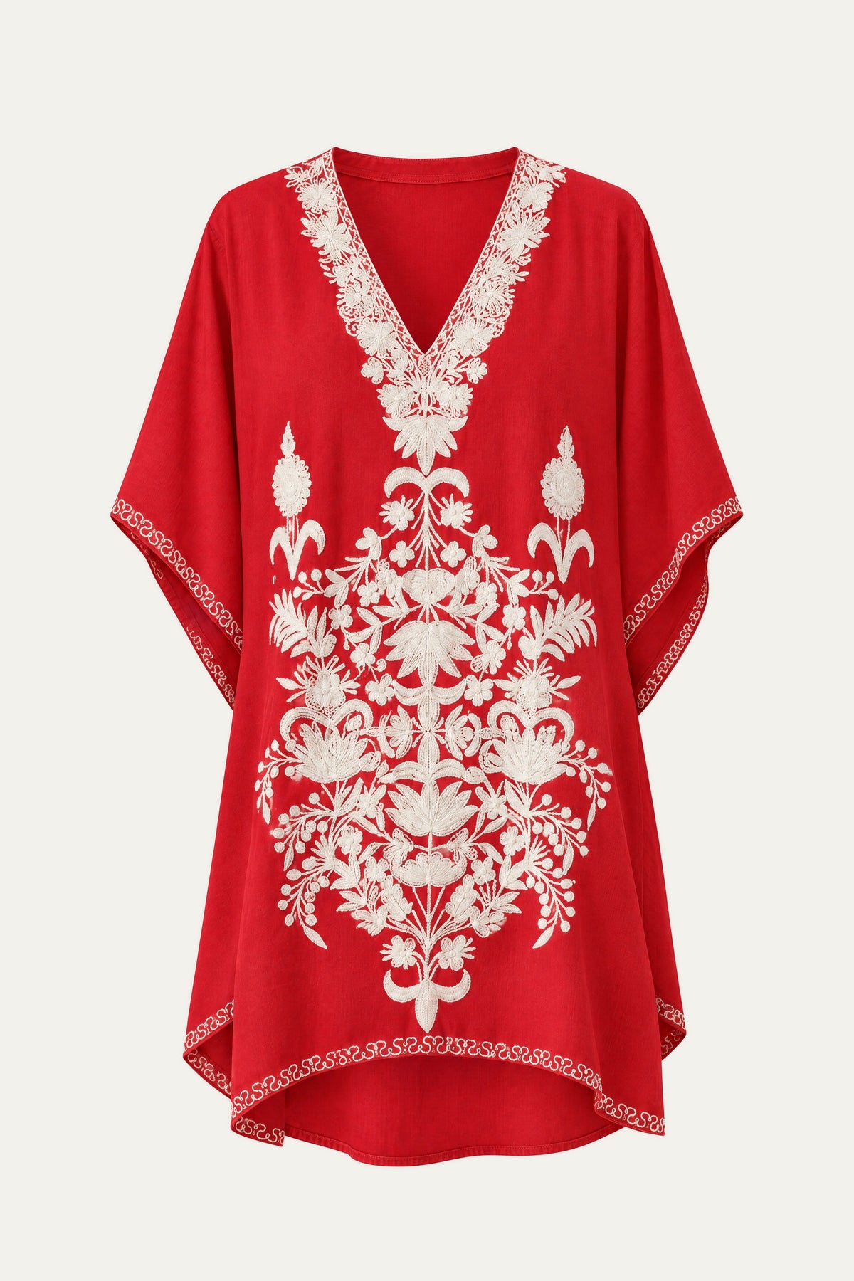 Kashmir cotton tunic in scarlet red with ivory embroidery, front view