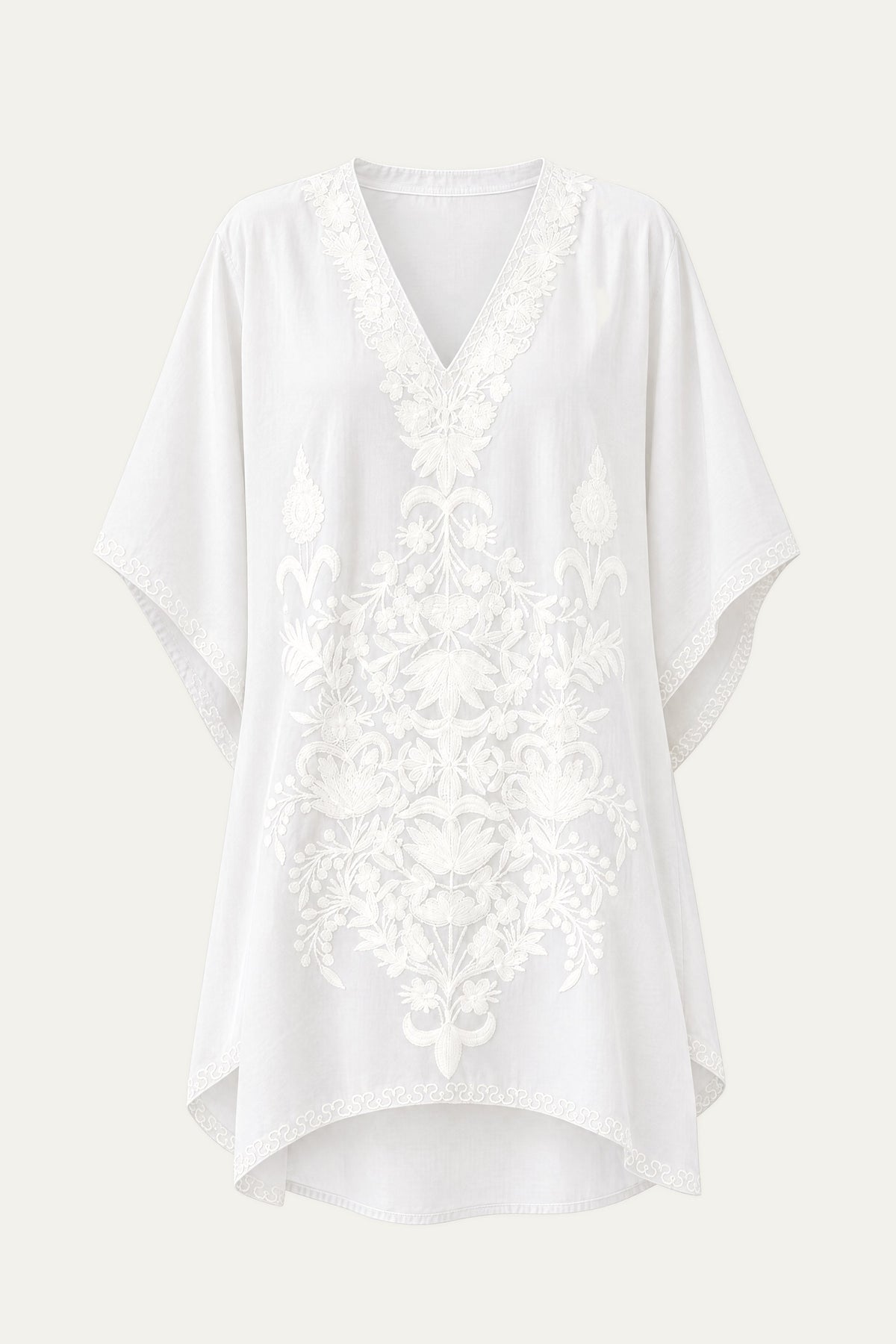 Kashmir cotton tunic in white with tonal white embroidery, front view