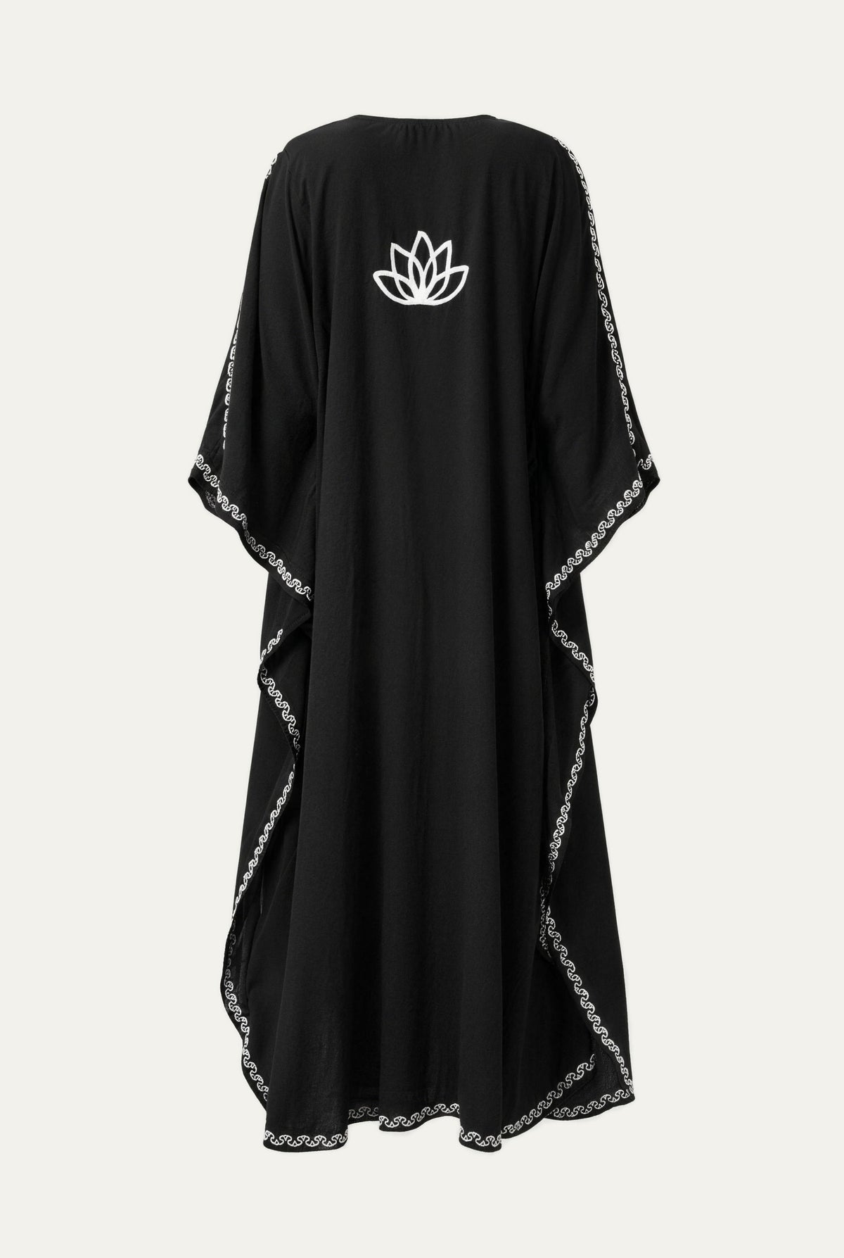 Kashmir cotton butterfly kaftan in black with white embroidery, back view