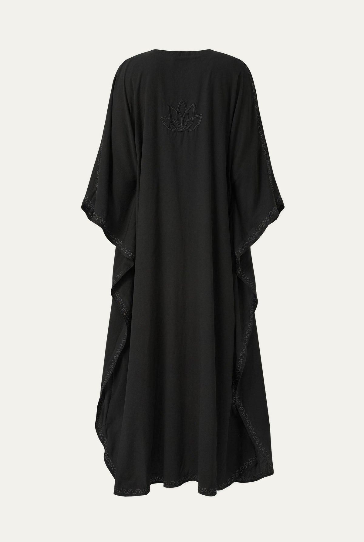Kashmir cotton butterfly kaftan in black with tonal black embroidery, back view