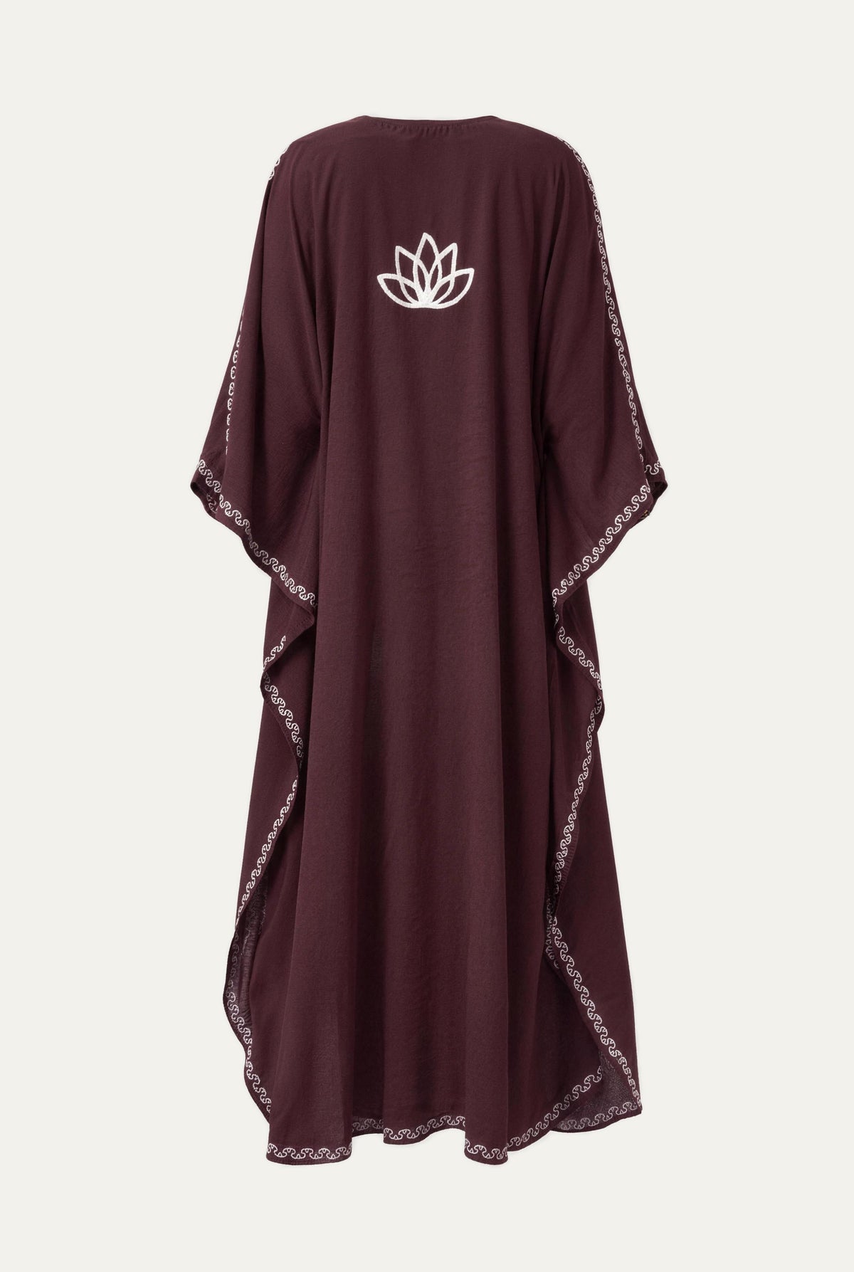 Kashmir cotton butterfly kaftan in dark brown with white embroidery, back view