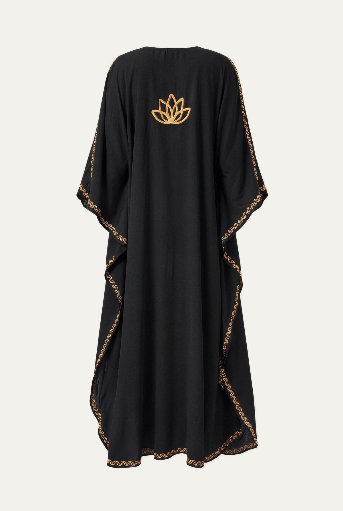 Kashmir cotton butterfly kaftan in black with gold embroidery, back view