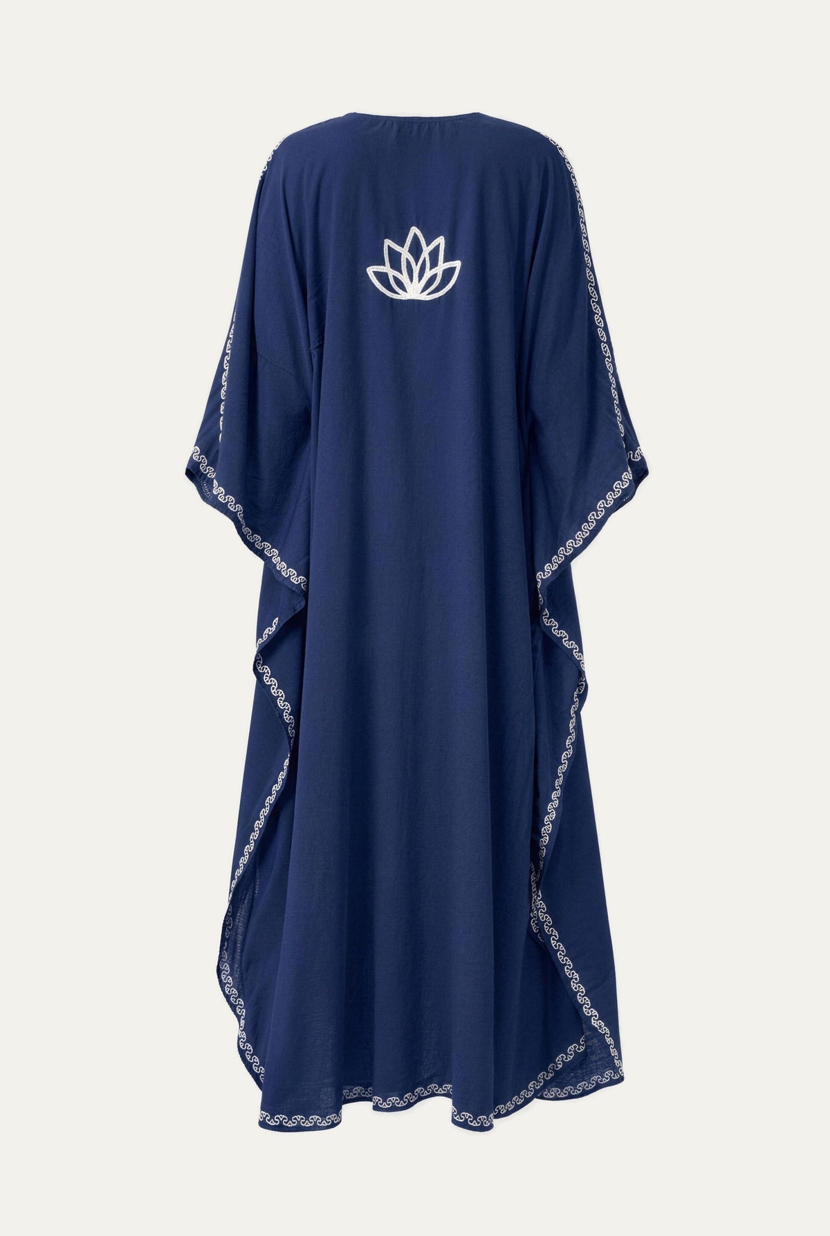 Kashmir cotton butterfly kaftan in dark blue with white embroidery, back view