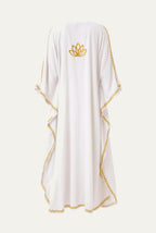Kashmir cotton butterfly kaftan in white with mustard gold embroidery, back view with lotus motif