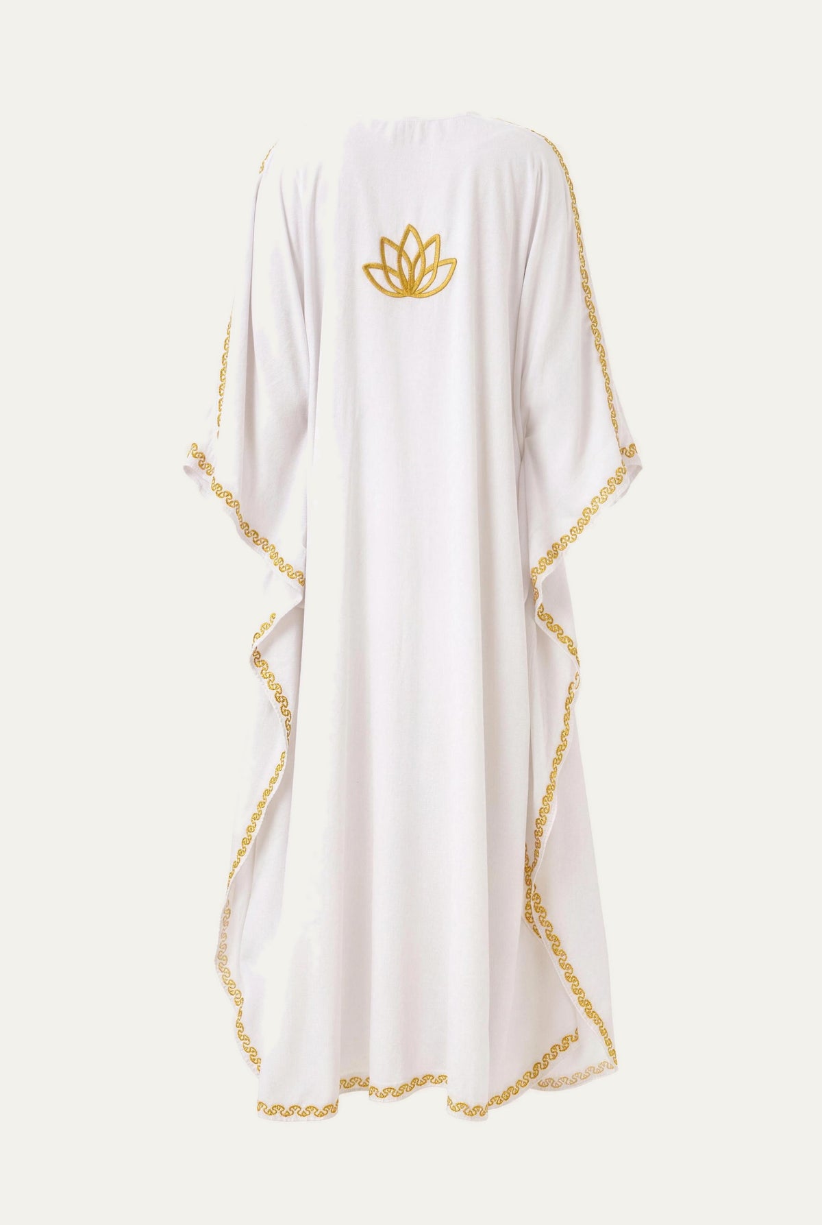 Kashmir cotton butterfly kaftan in white with mustard gold embroidery, back view with lotus motif