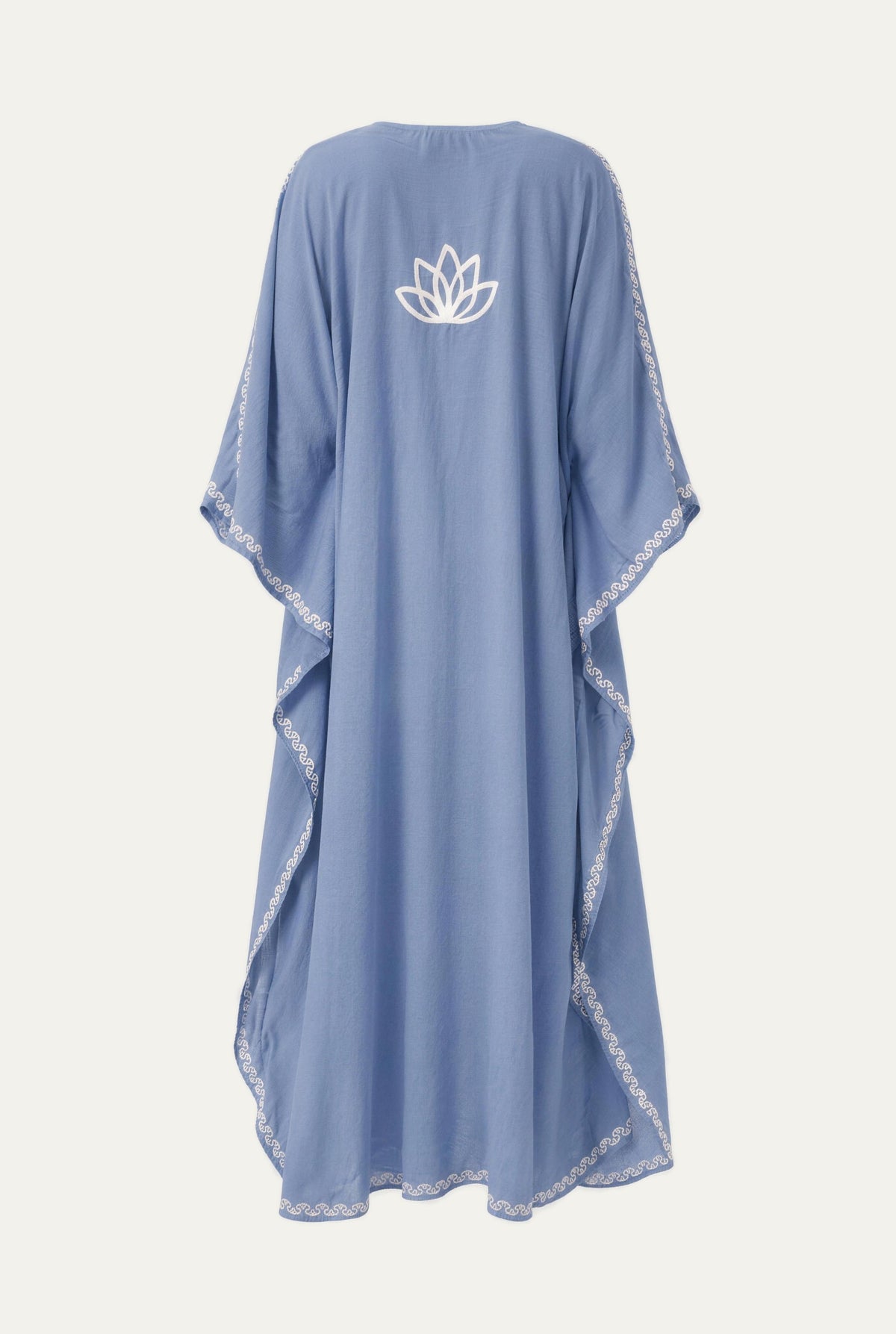 Kashmir cotton butterfly kaftan in light blue with white embroidery, back view