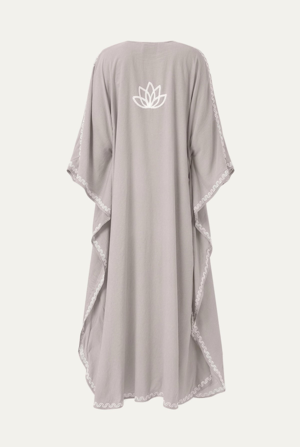 Kashmir cotton butterfly kaftan in light gray with white embroidery, back view