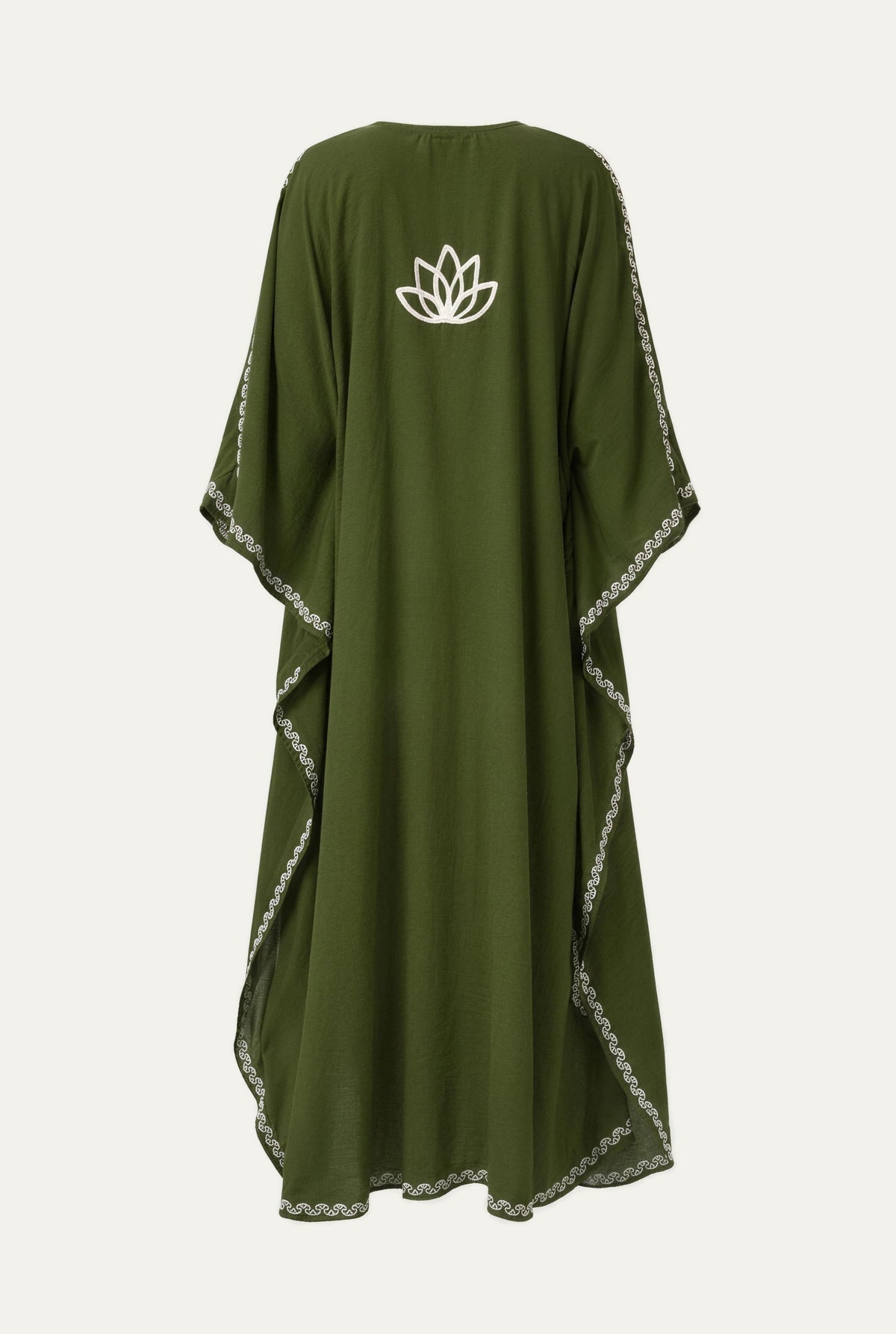 Kashmir cotton butterfly kaftan in olive with white embroidery, back view