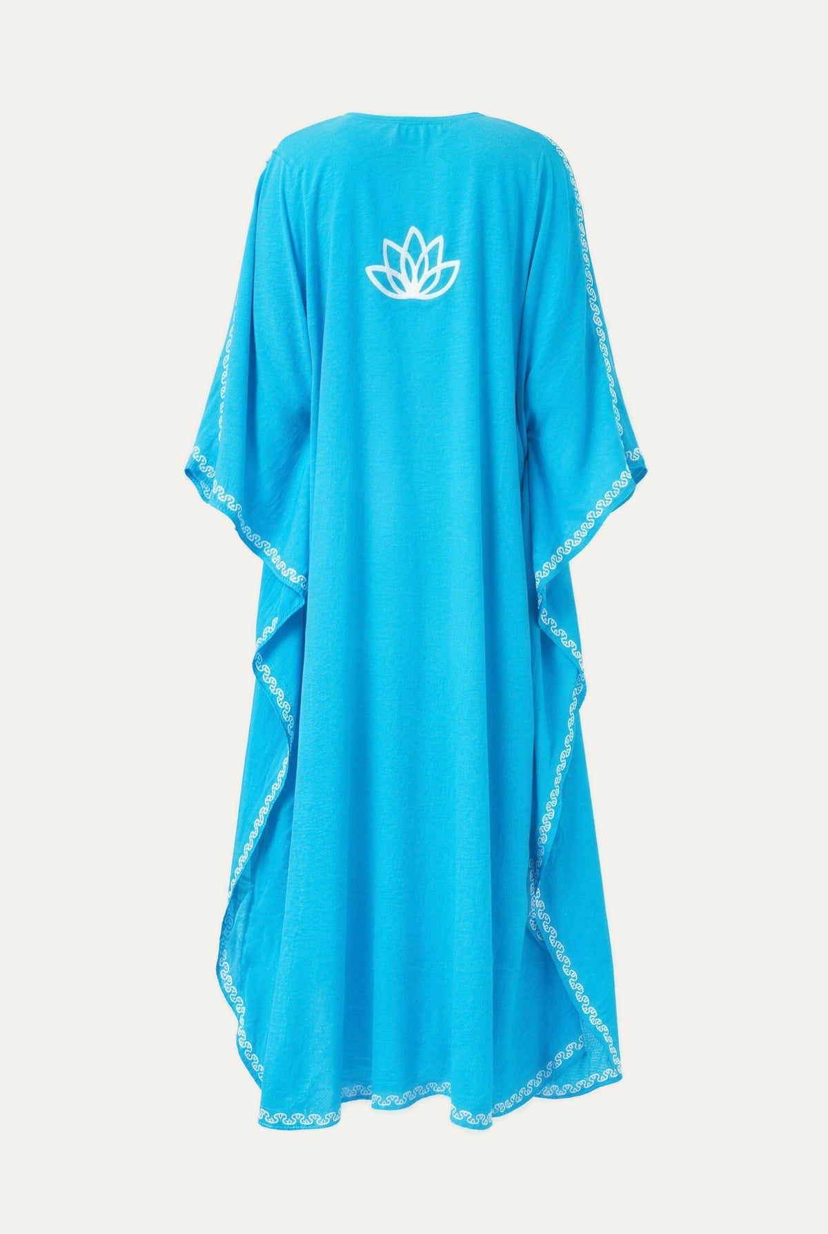 Kashmir cotton butterfly kaftan in turquoise with white embroidery, back view