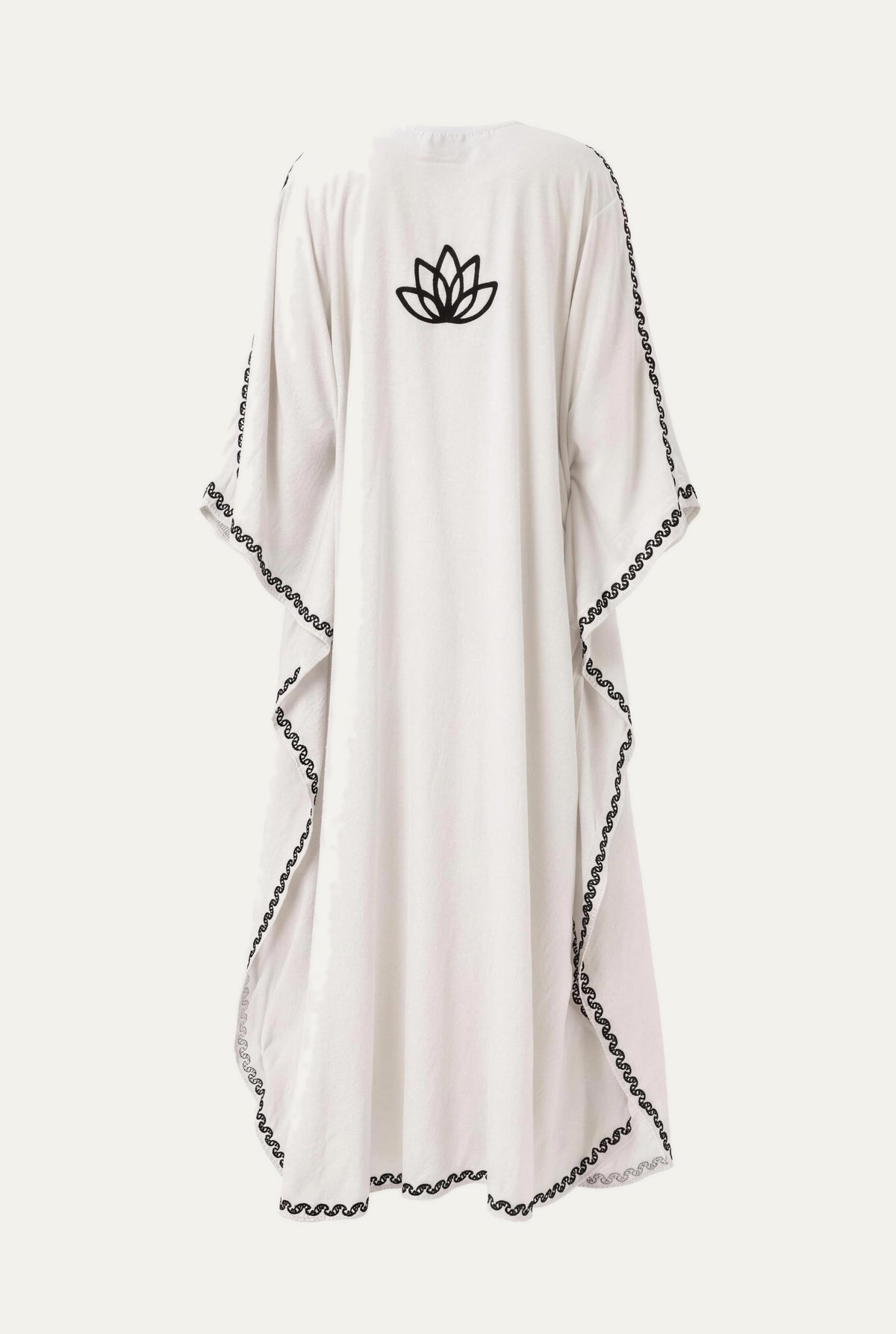 Kashmir cotton butterfly kaftan in white with black embroidery, back view