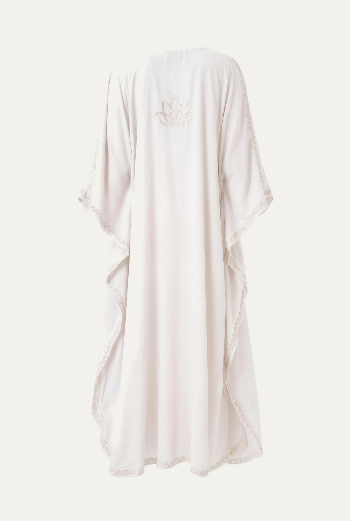 Kashmir cotton butterfly kaftan in white with tonal white embroidery, back view