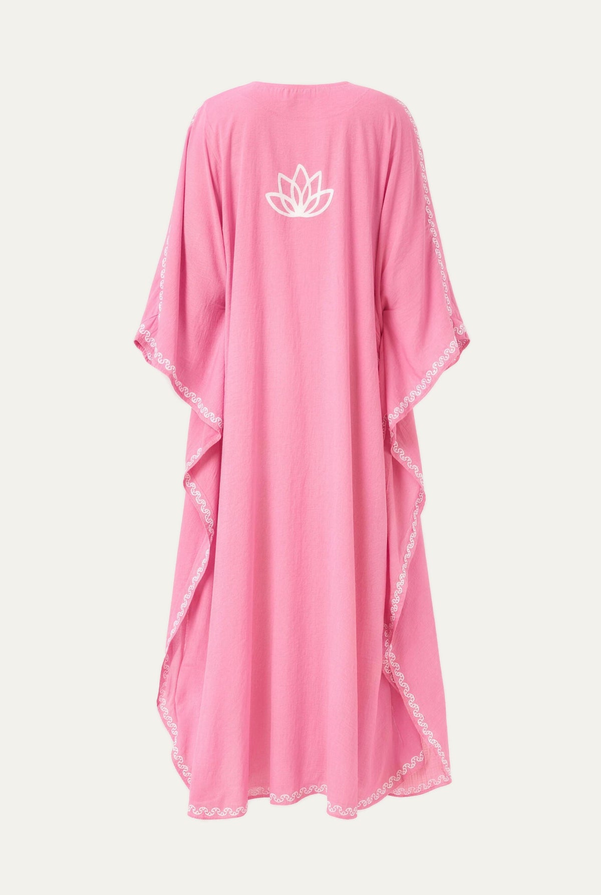 Kashmir cotton butterfly kaftan in pink with white embroidery, back view