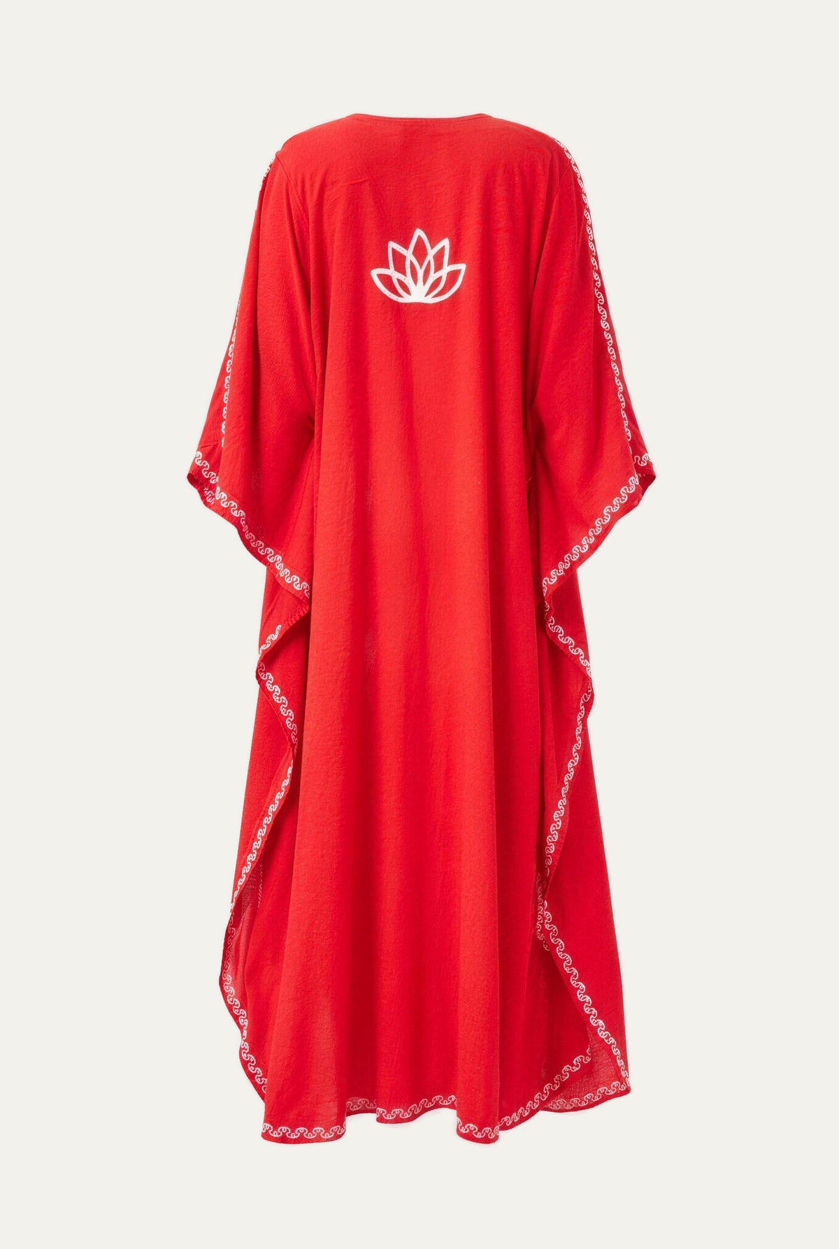 Kashmir cotton butterfly kaftan in red with white embroidery, back view