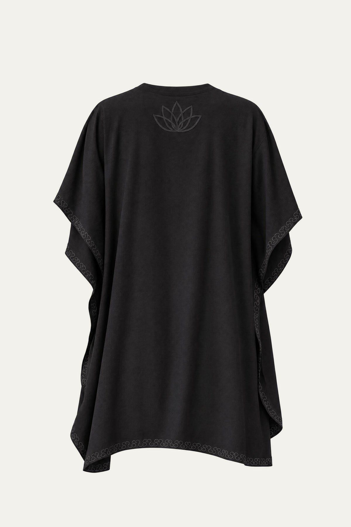 Kashmir cotton tunic in black, back view with tonal black lotus motif
