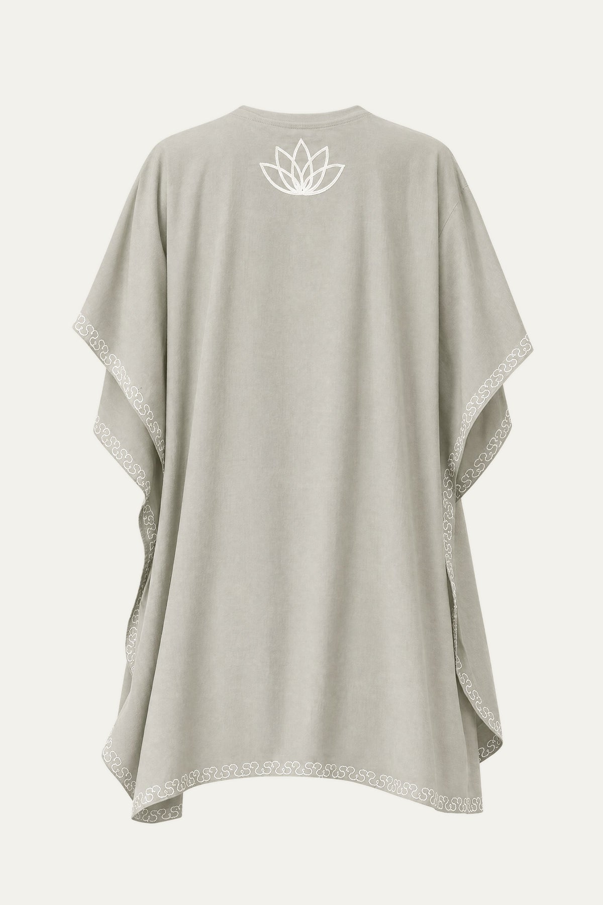 Kashmir cotton tunic in grey, back view with ivory lotus motif