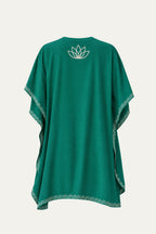 Kashmir cotton tunic in teal green, back view with ivory lotus motif