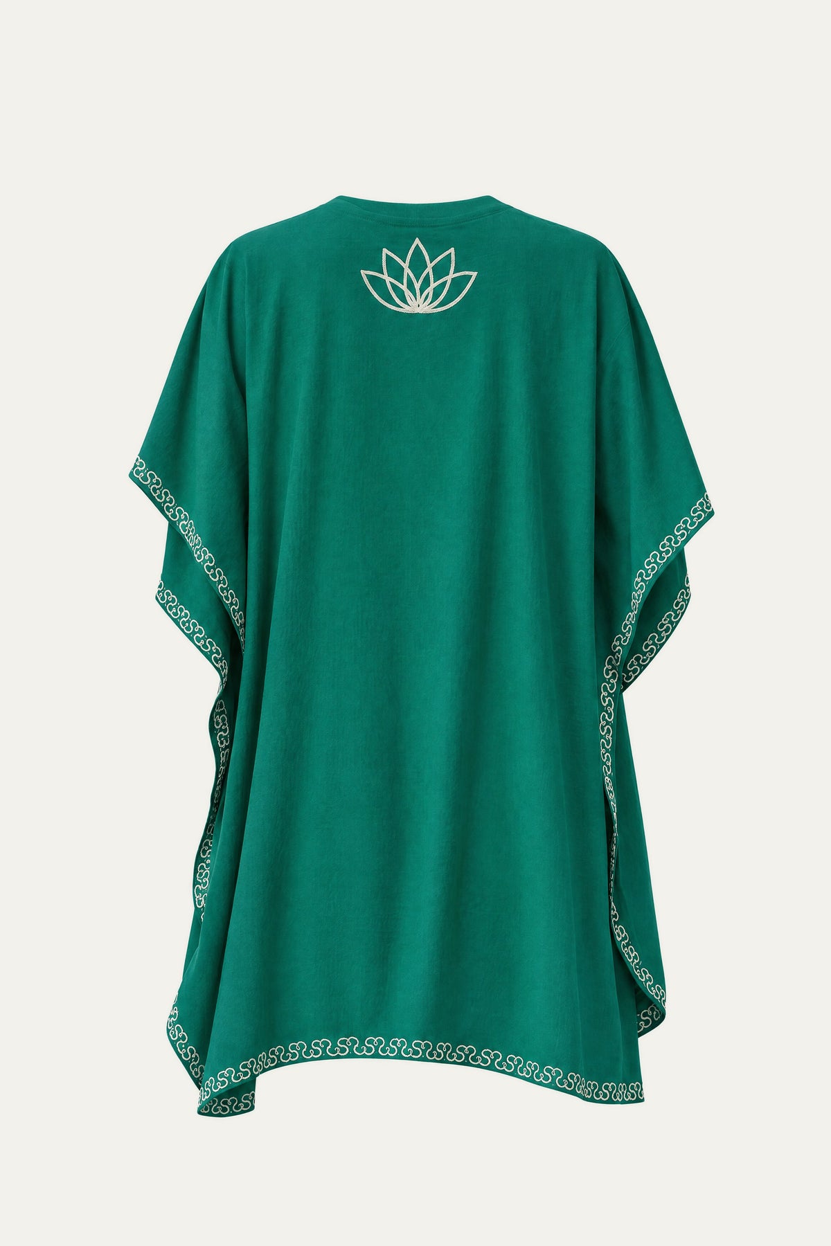 Kashmir cotton tunic in teal green, back view with ivory lotus motif