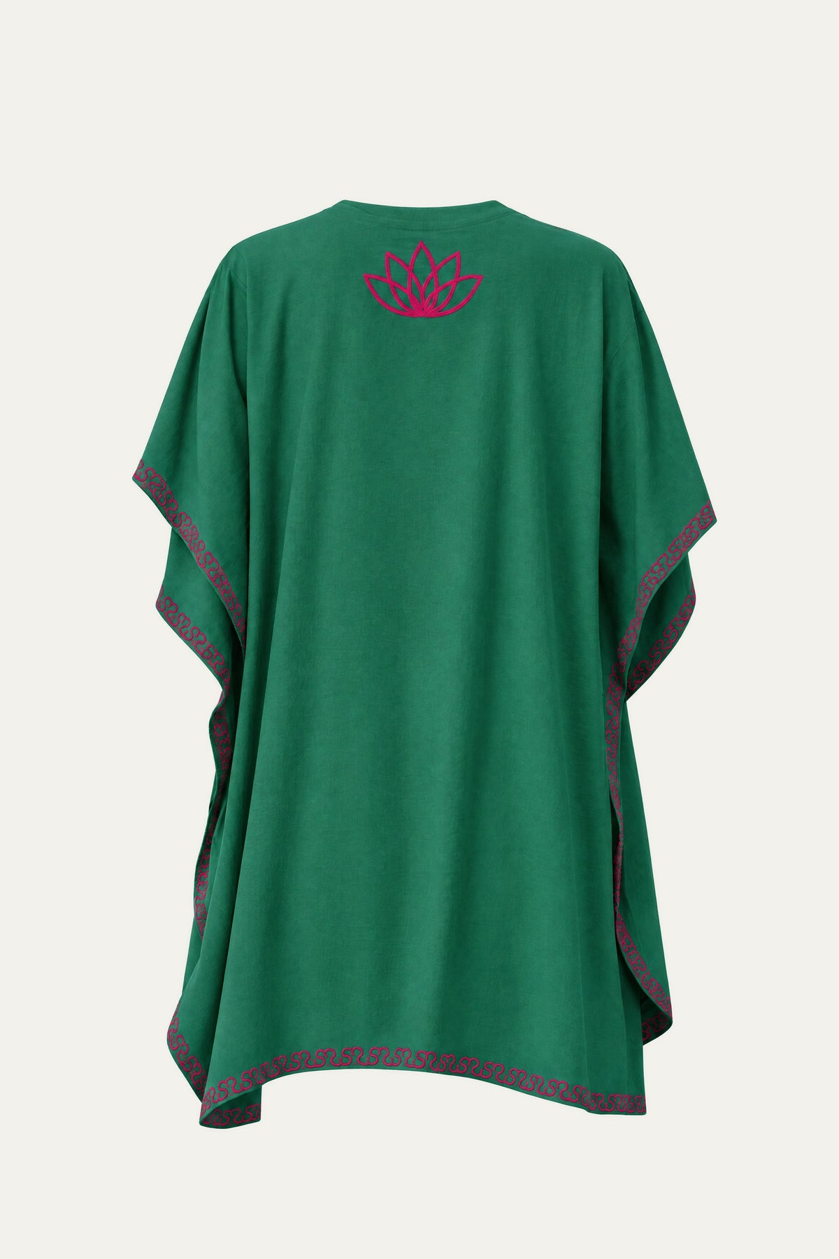 Kashmir cotton tunic in emerald green, back view with magenta lotus motif