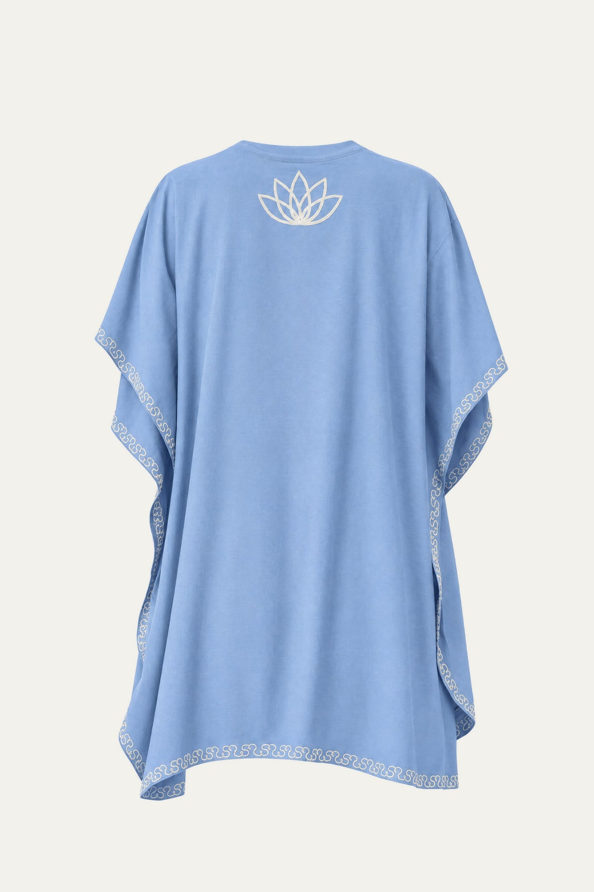 Kashmir cotton tunic in light blue, back view with ivory lotus motif