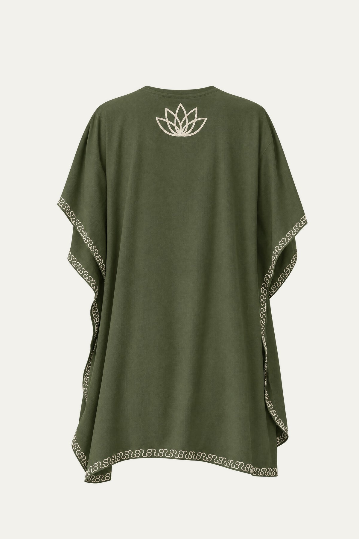 Kashmir cotton tunic in olive green, back view with ivory lotus motif