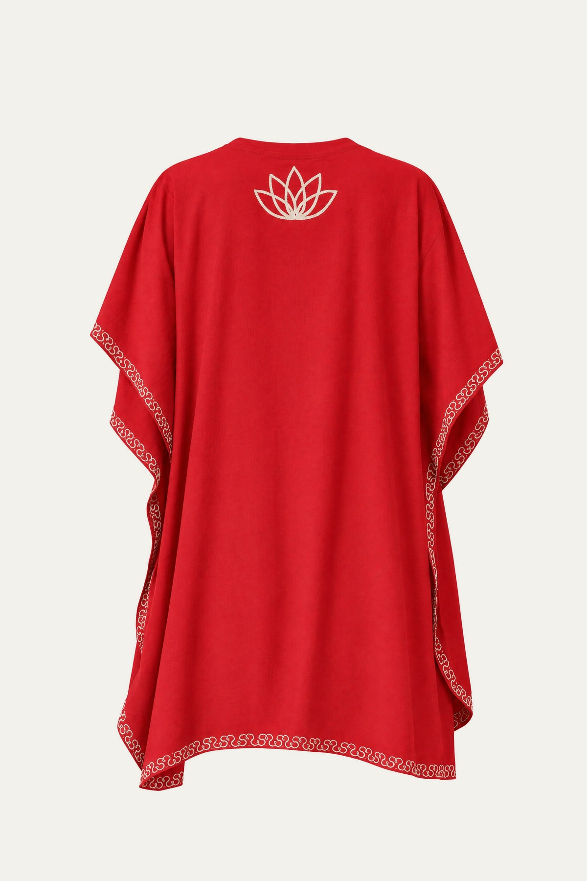 Kashmir cotton tunic in scarlet red, back view with ivory lotus motif